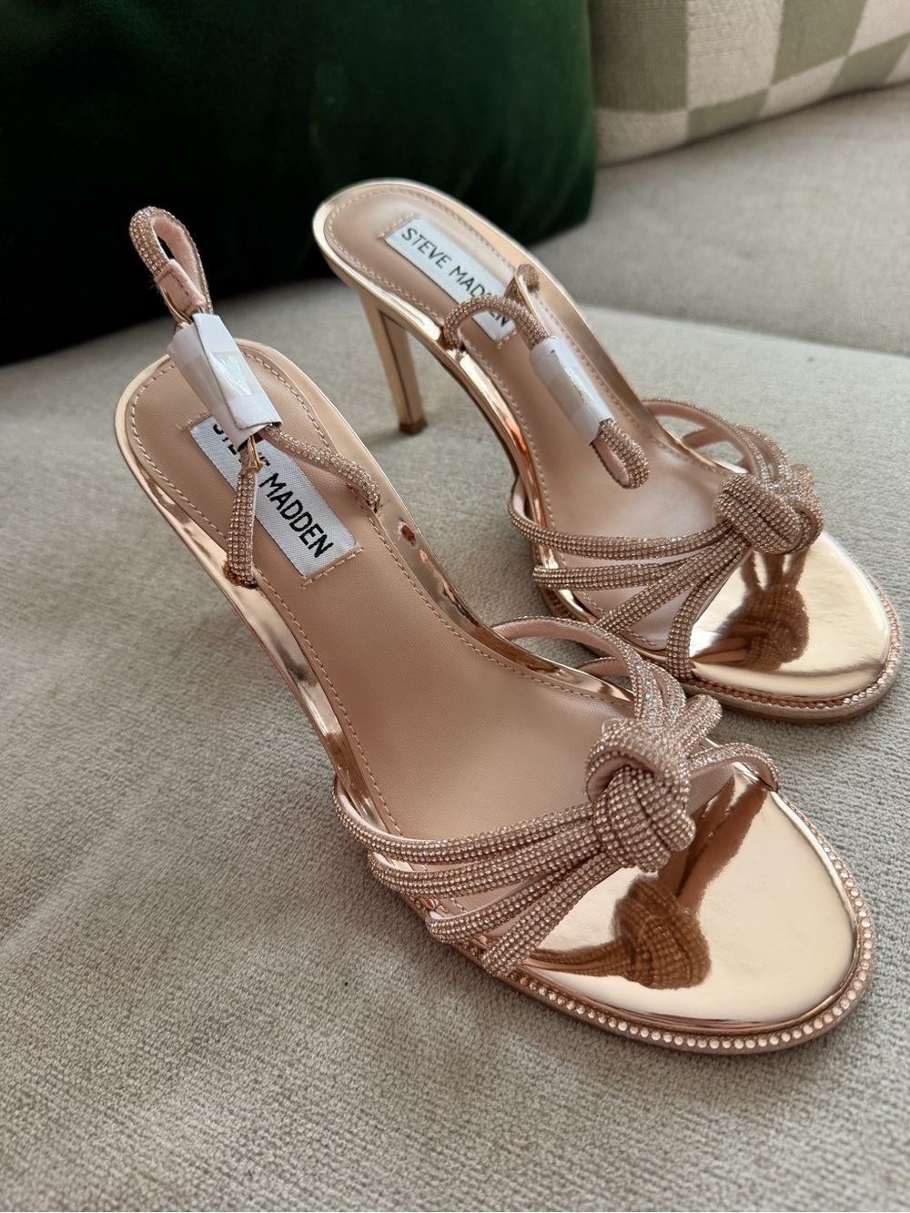 Steve Madden Langly knotted sling back sandal heels rose gold rhinestone 6.5 NEW